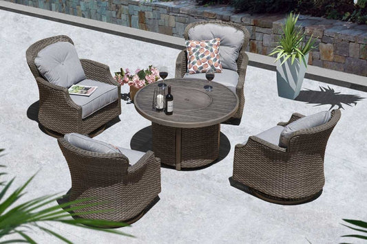 The Tenaya Round Wicker Outdoor Luxury Fire Pit Table – 42" Wood-Grain Finish