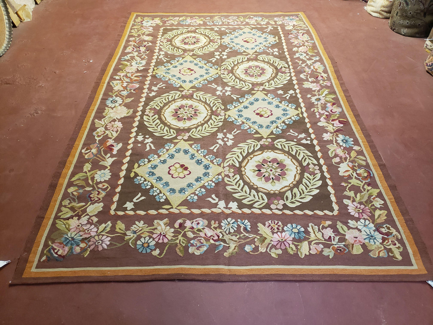 Aubusson Rug 6 x 9 Flat Weave Area Carpet European Design Flowers New Brown Rug Handmade Wool Hand-Knotted Aubusson Weave Medium Rug 6x9