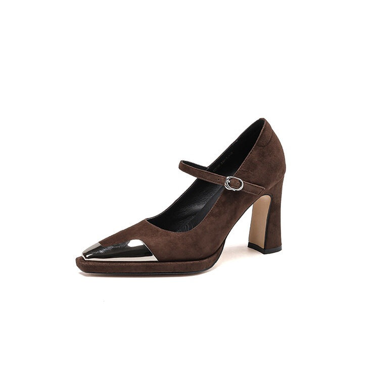 Women's Retro Square Toe Mary Jane Heels with Buckle Strap - Chunky High Heel Pumps