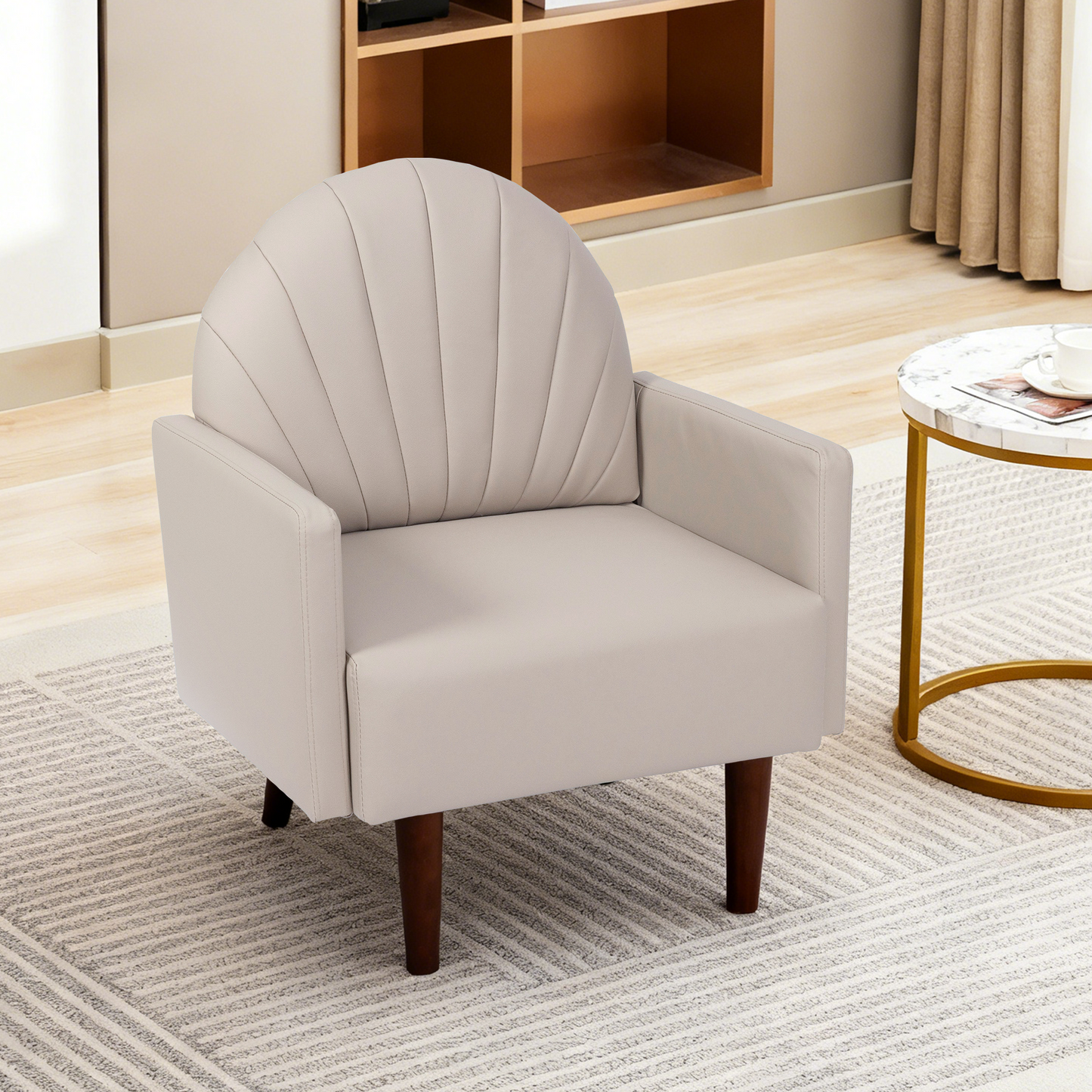 Accent Chair Shell-Shape PU Leather Khaki Solid Wood Legs Easy Assembly