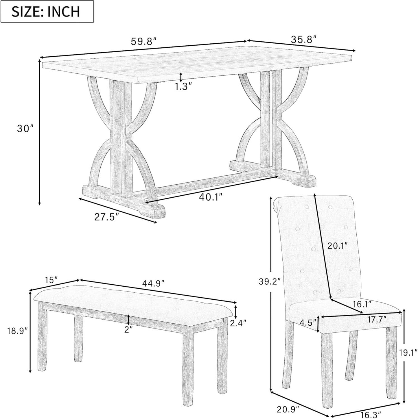 Industrial Solid Wood Rectangular Dining Table Set with Upholstered Seating Bench and Chairs