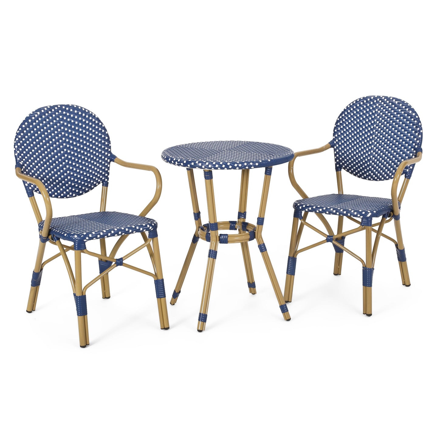 Outdoor PE Rattan and Aluminum 3 Piece French Bistro Set, Dark Teal & White,