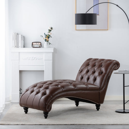 Chaise Lounge Armless PU Leather Dark Brown Tufted Foam Birch Legs 220 LB