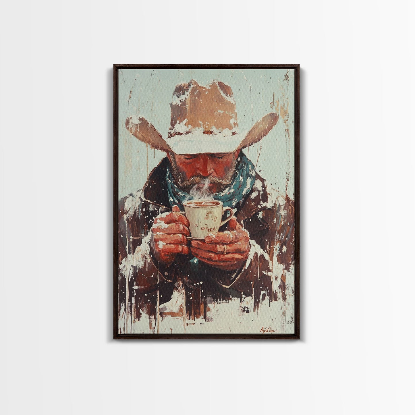Cowboy Riding Horse in Winter Forest Framed Canvas Print - Moody Winter Landscape Art Perfect 2024 Christmas Home Decor