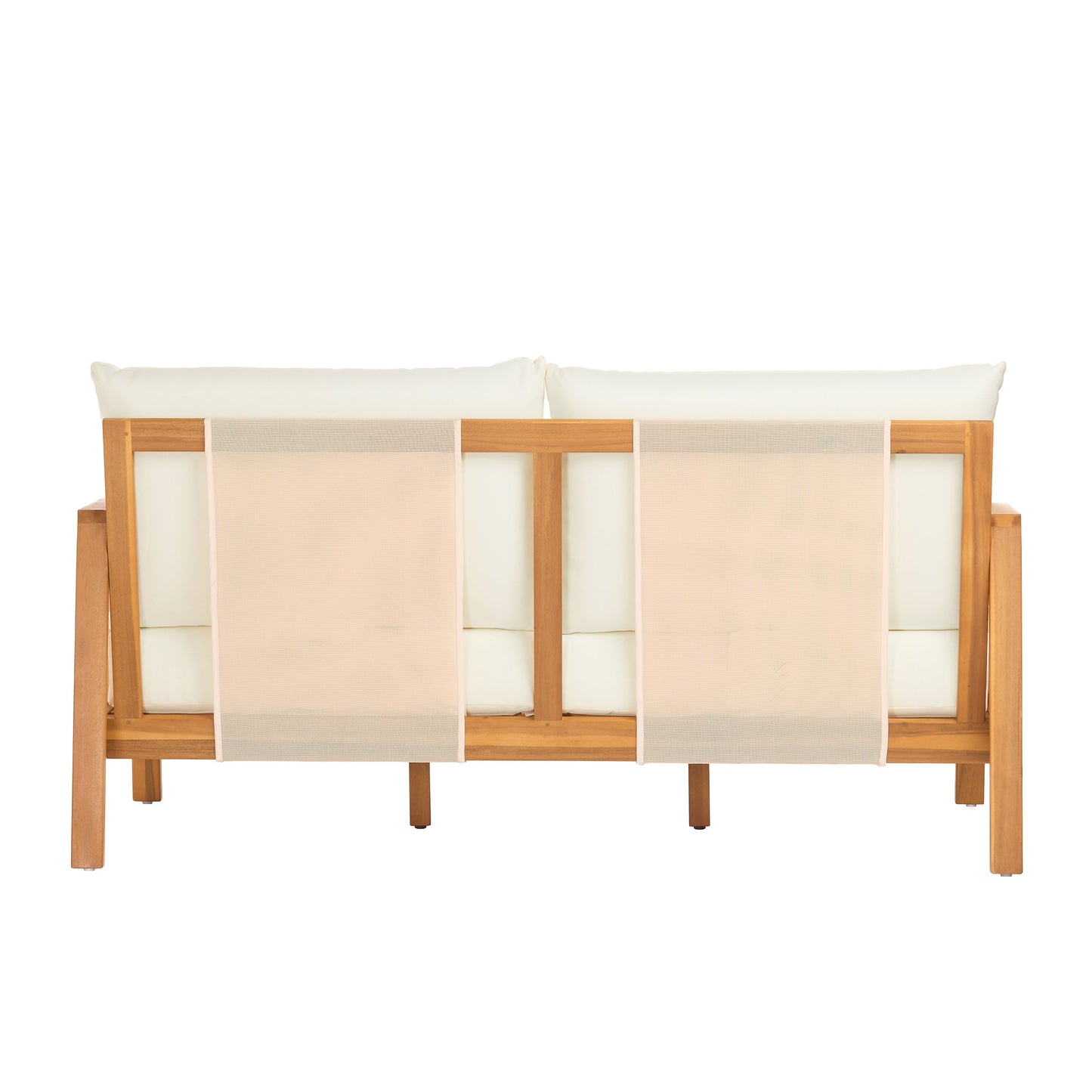Outdoor Sofa Set Two Piece Acacia Wood Teak Finish Beige Cushions Coffee Table