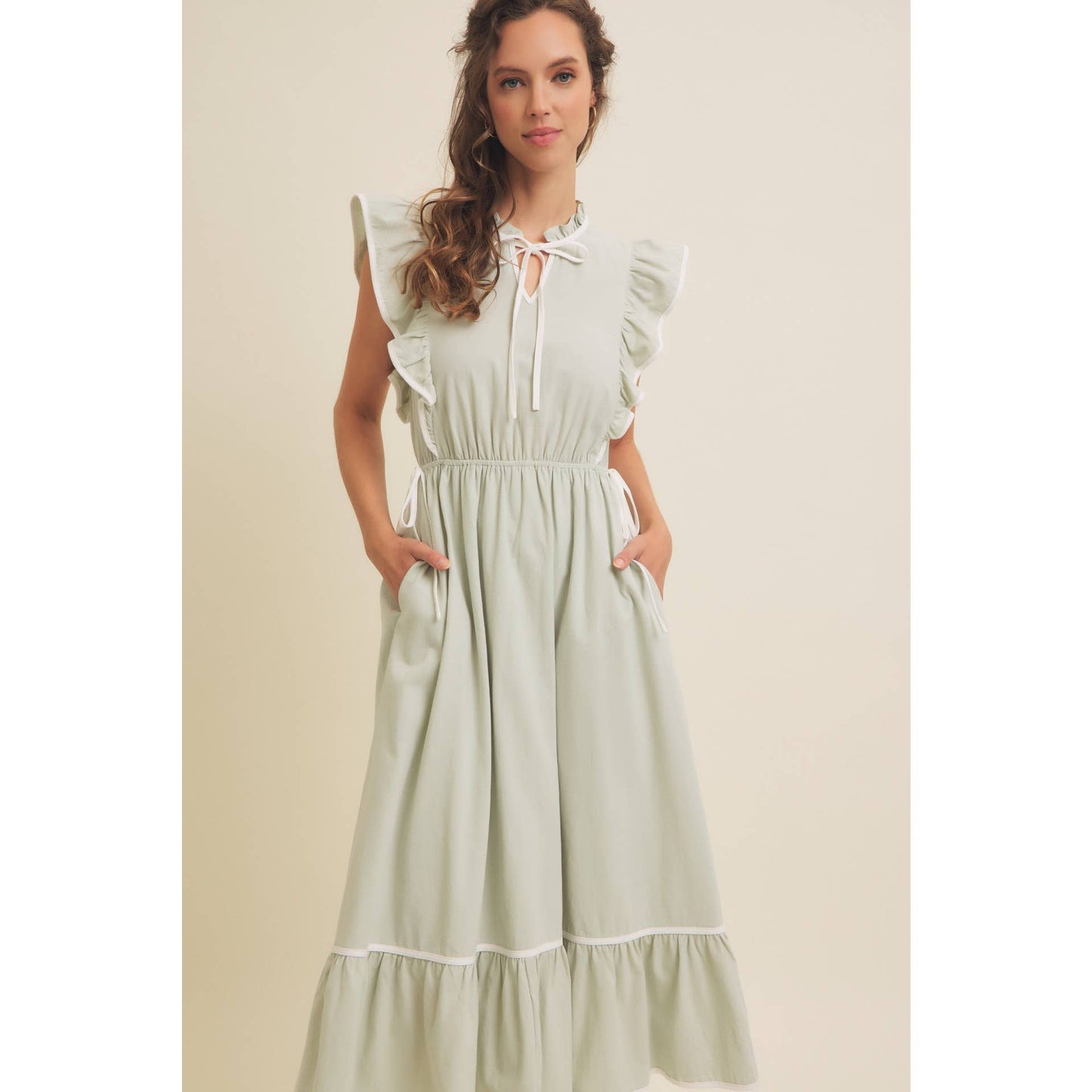 Annie- COTTON GAUZE MIDI DRESS WITH RUFFLES AND CONTRAST BINDING