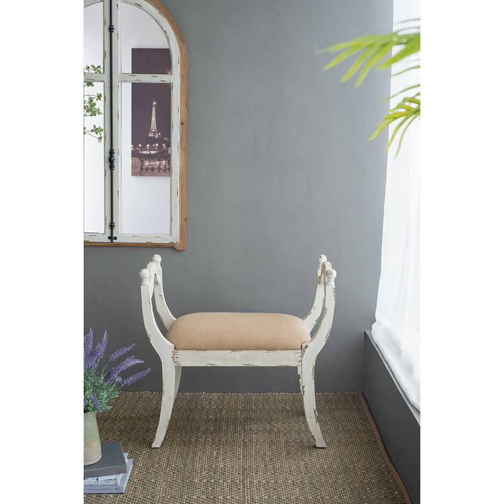 Harlow Country House Bench – Distressed White & Natural Linen