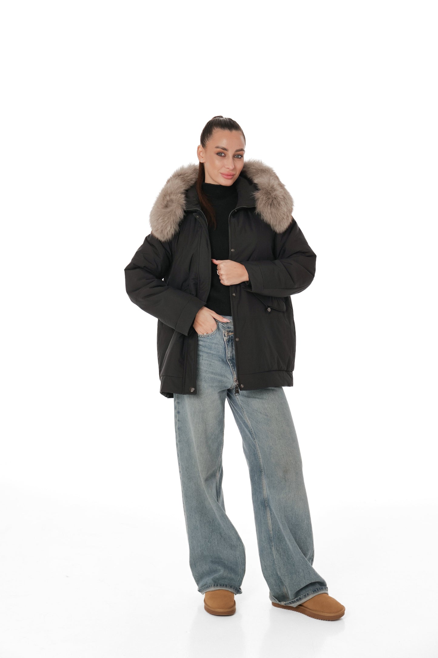 Genuine Polar Fox Camel Wool Blend Coat