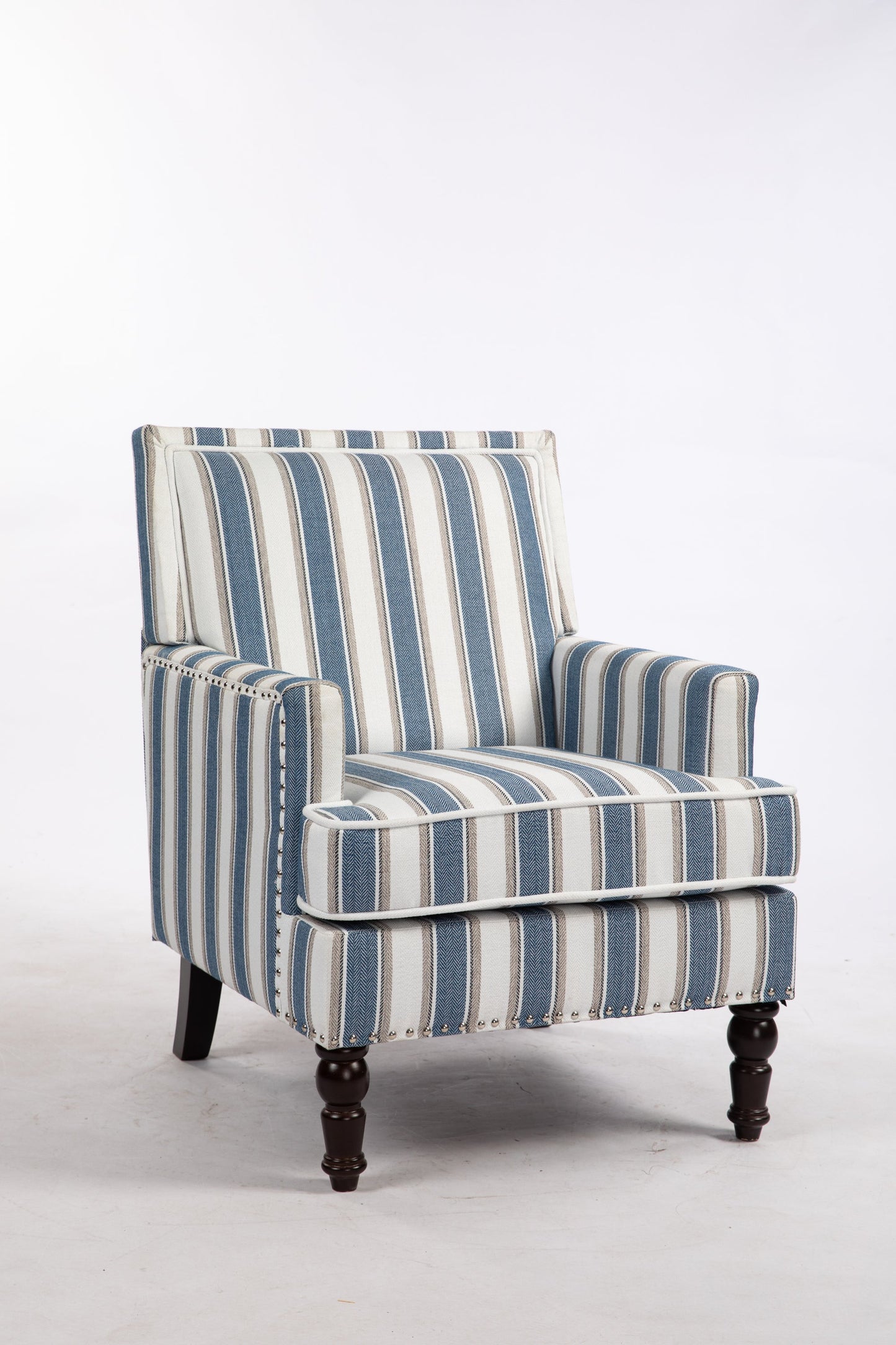 Accent Chair Vintage Blue White Stripe Linen Nailhead Trim