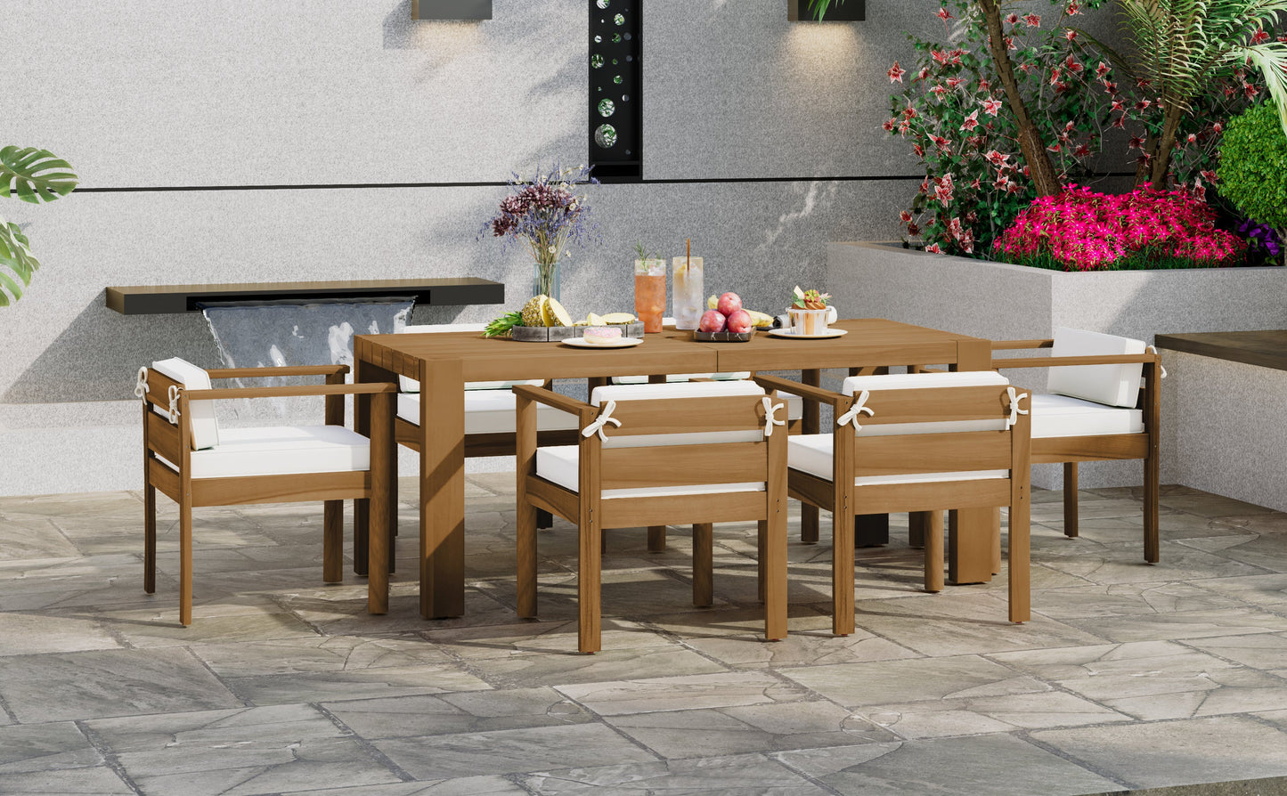 Patio Set Rectangle Light Teak with Removable Cushions for 6 72.8 Inch Table