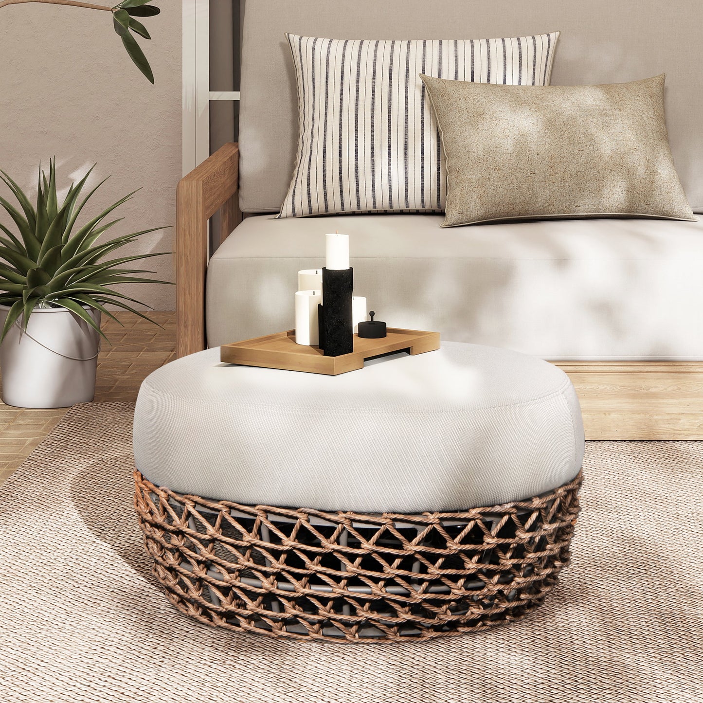 Outdoor Round Ottoman - Wheat Beige Cushion, Golden Brown Wicker Frame, 25in
