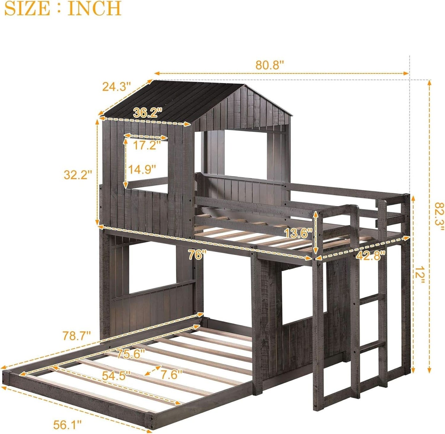House Twin Over Full Luxury Bunk Beds Wood Distressed Grey