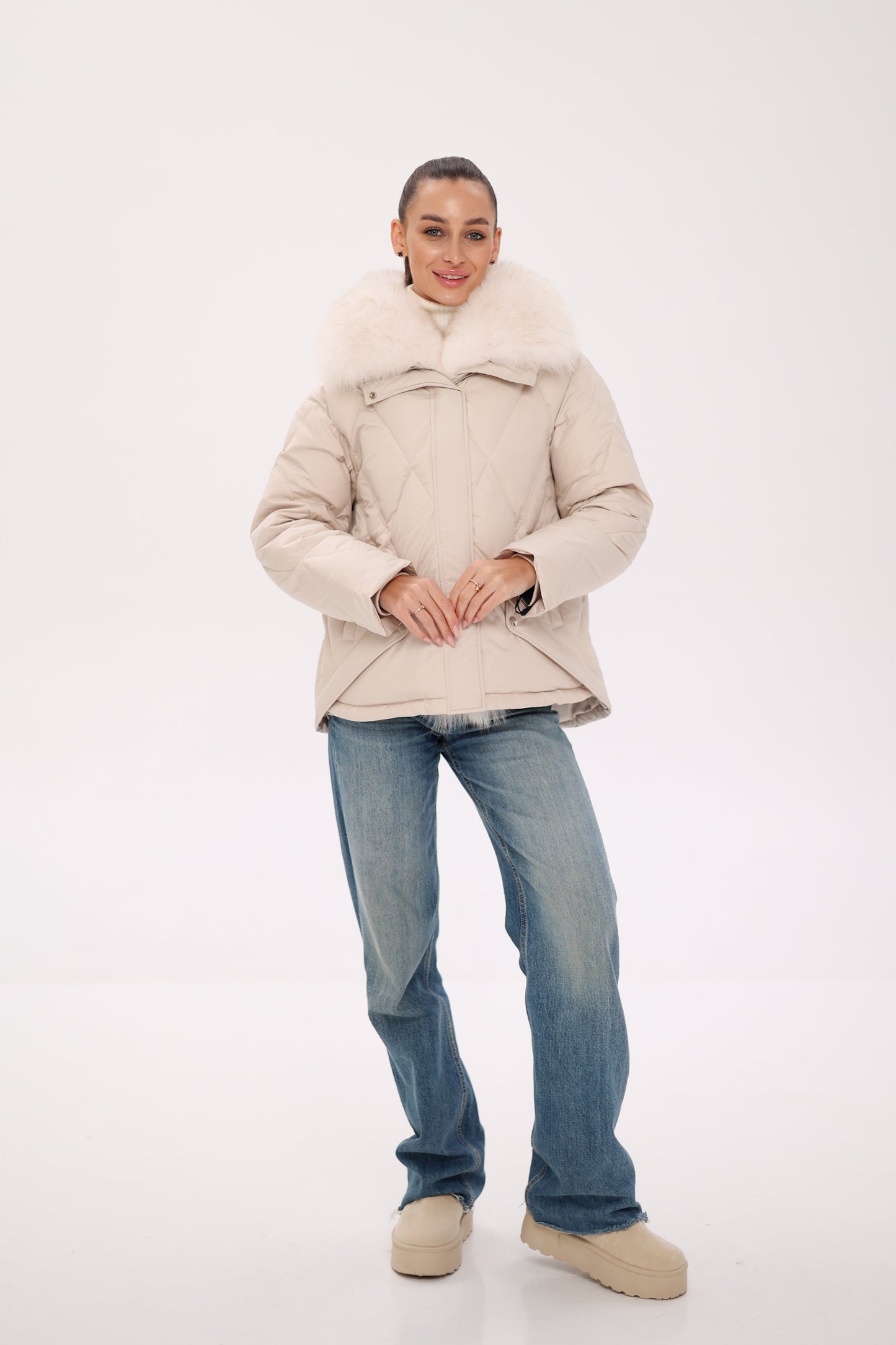Genuine Polar Fox Fur Down Insulated Parka in Ivory