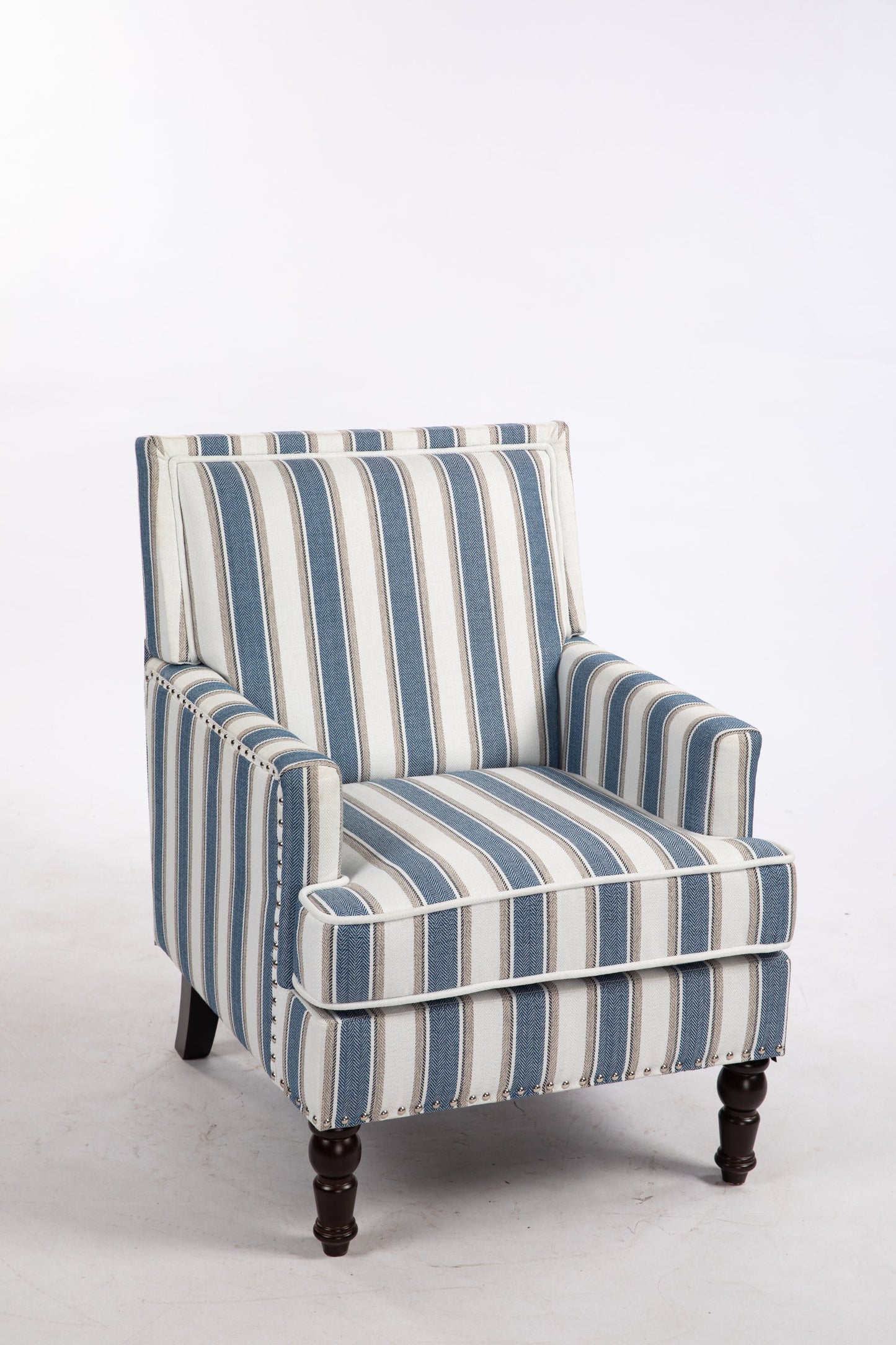 Accent Chair Vintage Blue White Stripe Linen Nailhead Trim