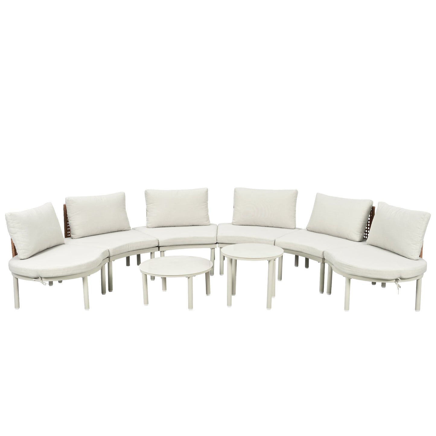 Outdoor Patio Set Half Moon Sectional with Two Coffee Tables Beige Pe Wicker