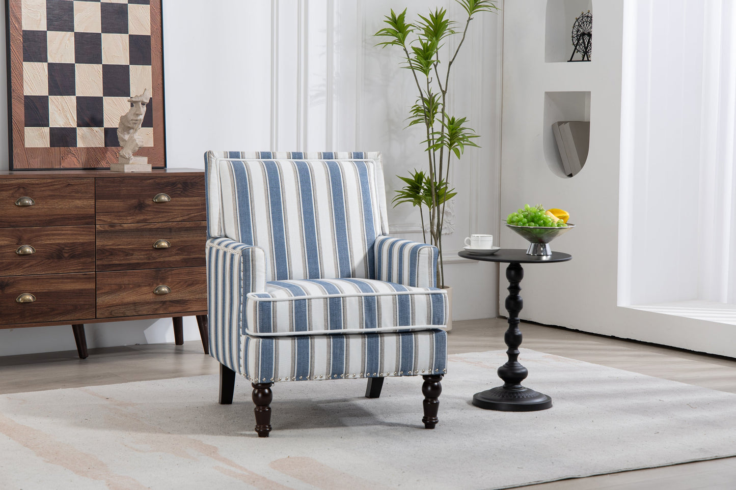 Accent Chair Vintage Blue White Stripe Linen Nailhead Trim