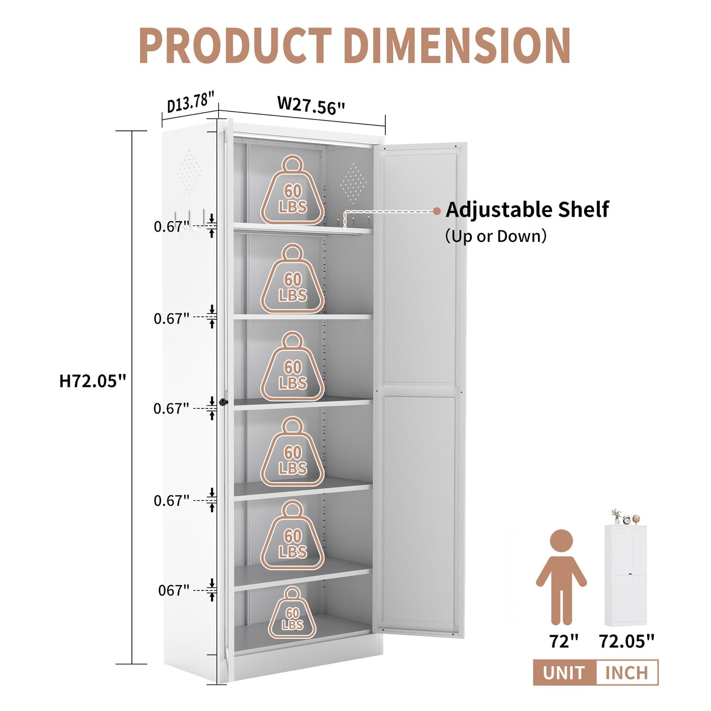Kitchen Pantry Cabinet With Doors, Heavy-Duty Freestanding Storage Organizer With 5 Adjustable Shelves, Tool Free Assembly - White