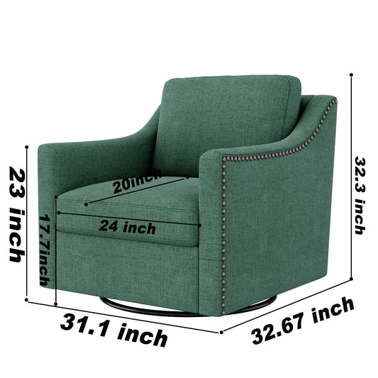 Accent Chair Swivel 360 Degree Linen Blackish Green Brass Nailheads 300 LB