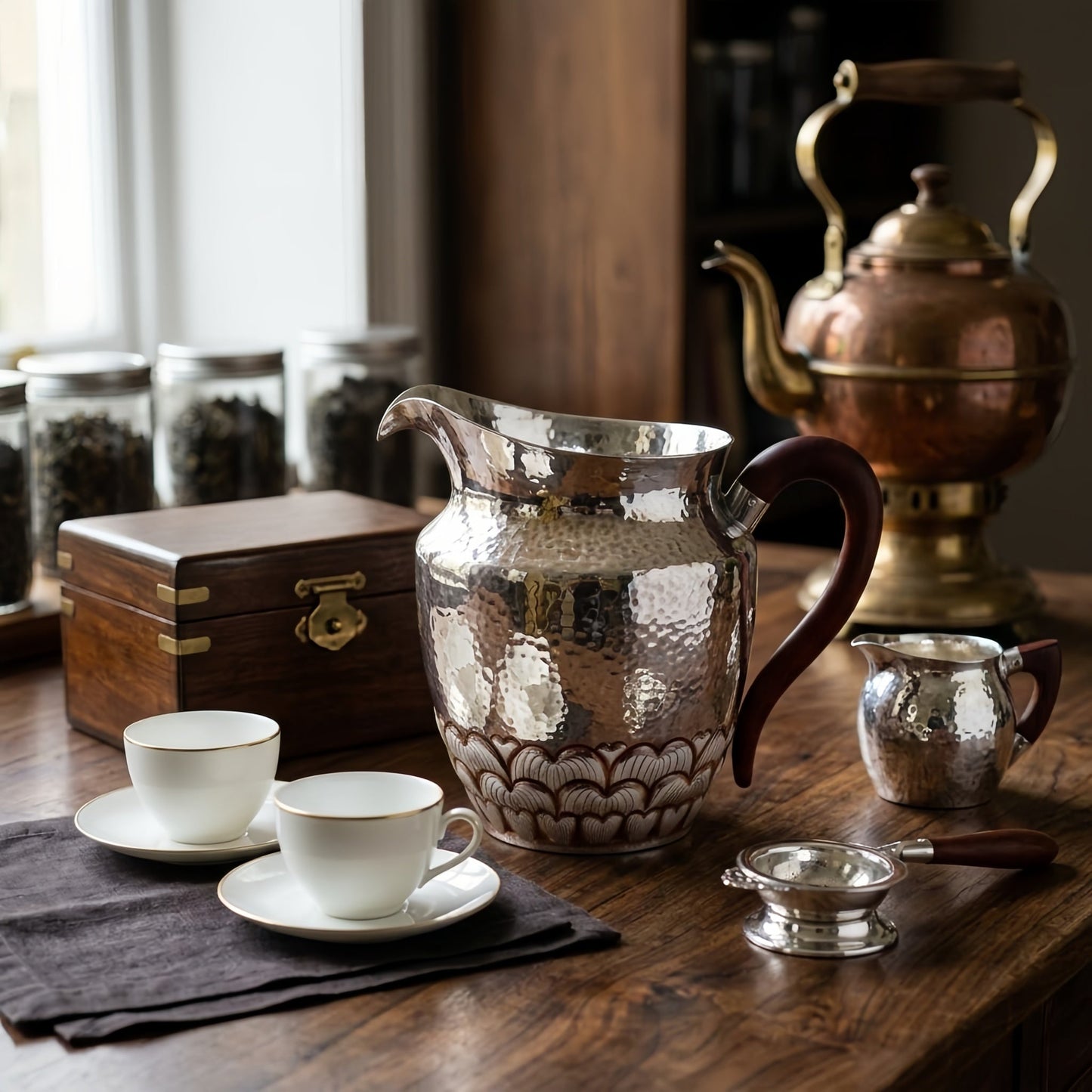 925 Sterling Silver Hand-Hammered Silver Pitcher with Scalloped Base and Curved Wooden Handle - Handicraft