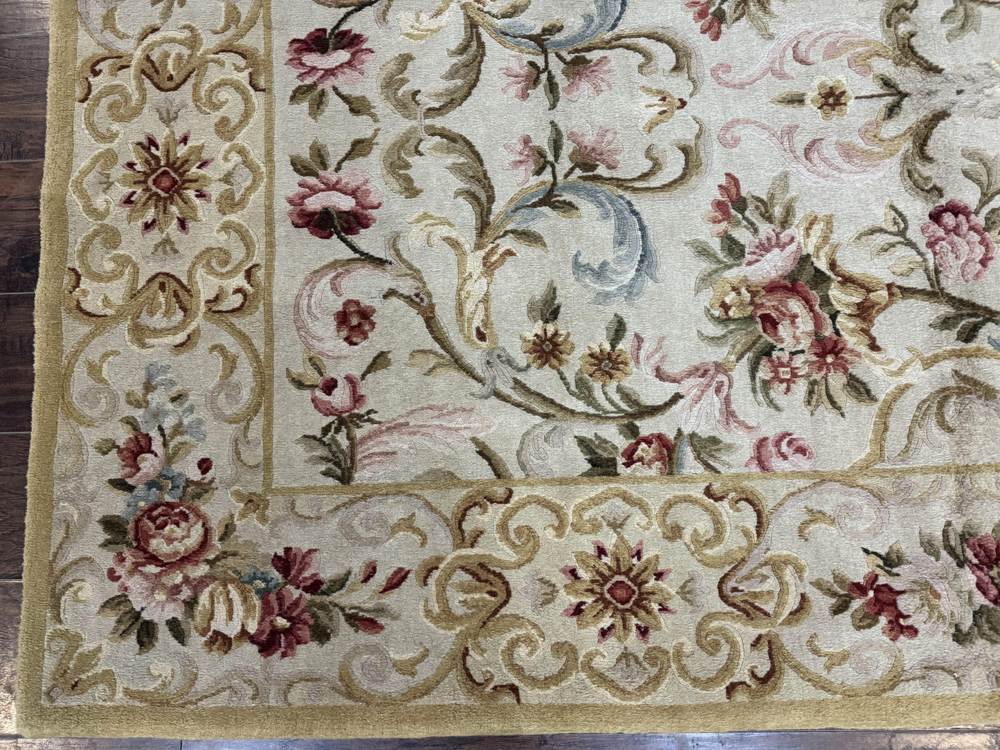 Aubusson Rug 8x10, French European Design, Vintage Handmade Wool Carpet, Aubusson Rug with Pile, Floral