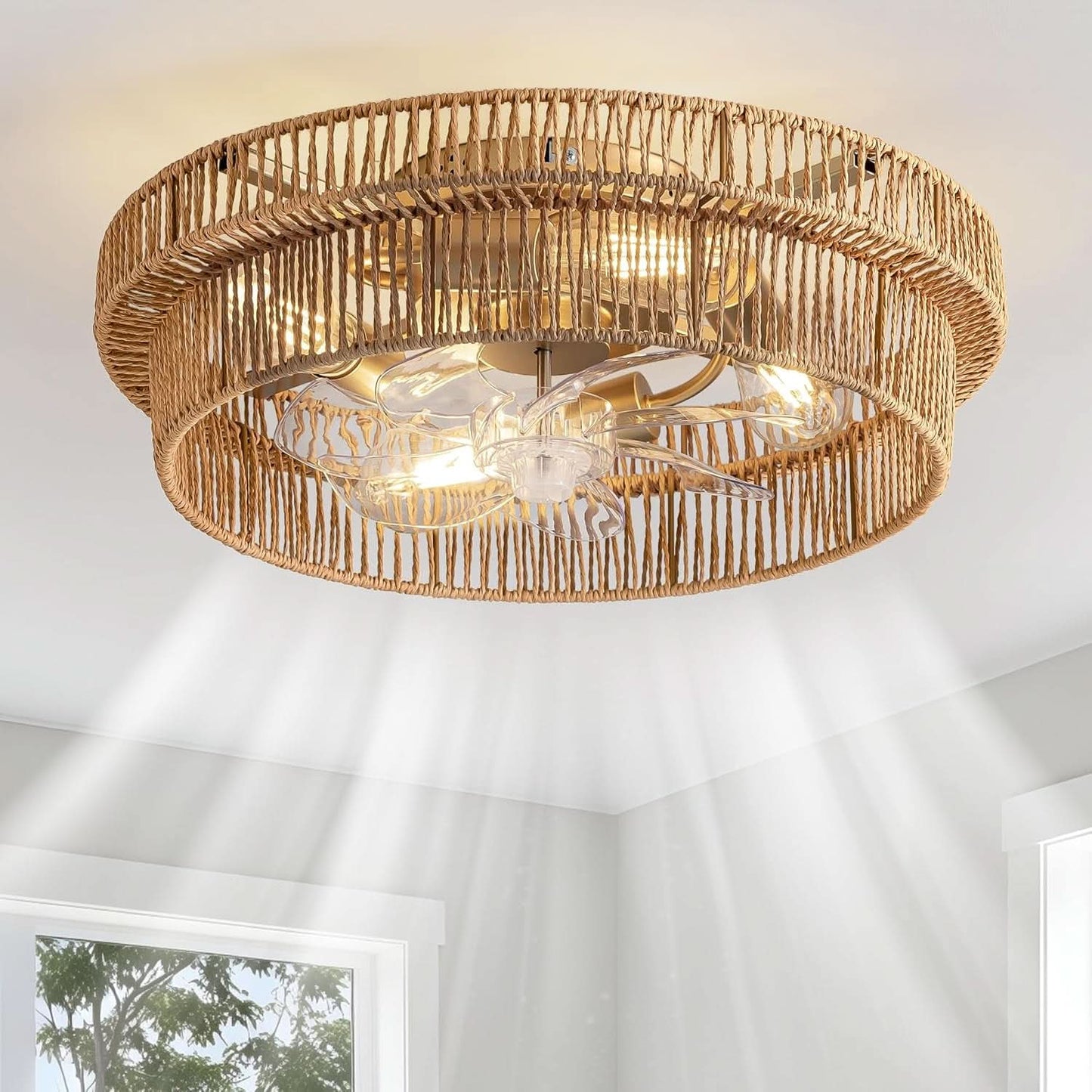 Handwoven Rattan Boho Ceiling Fan 20 Inch Brown Finish