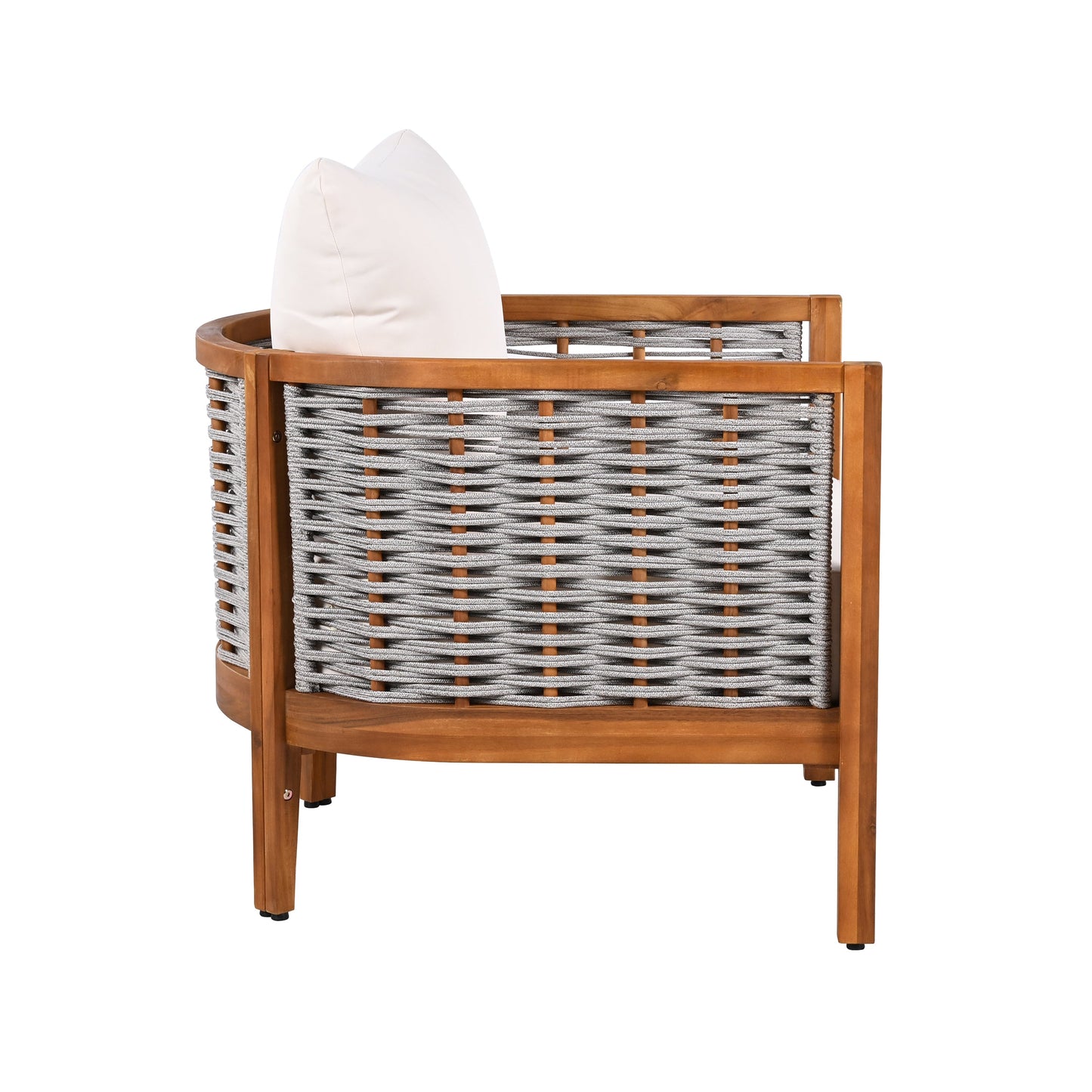 Outdoor Tub Design Armchair with Acacia Wood Teak Finish Beige Cushions