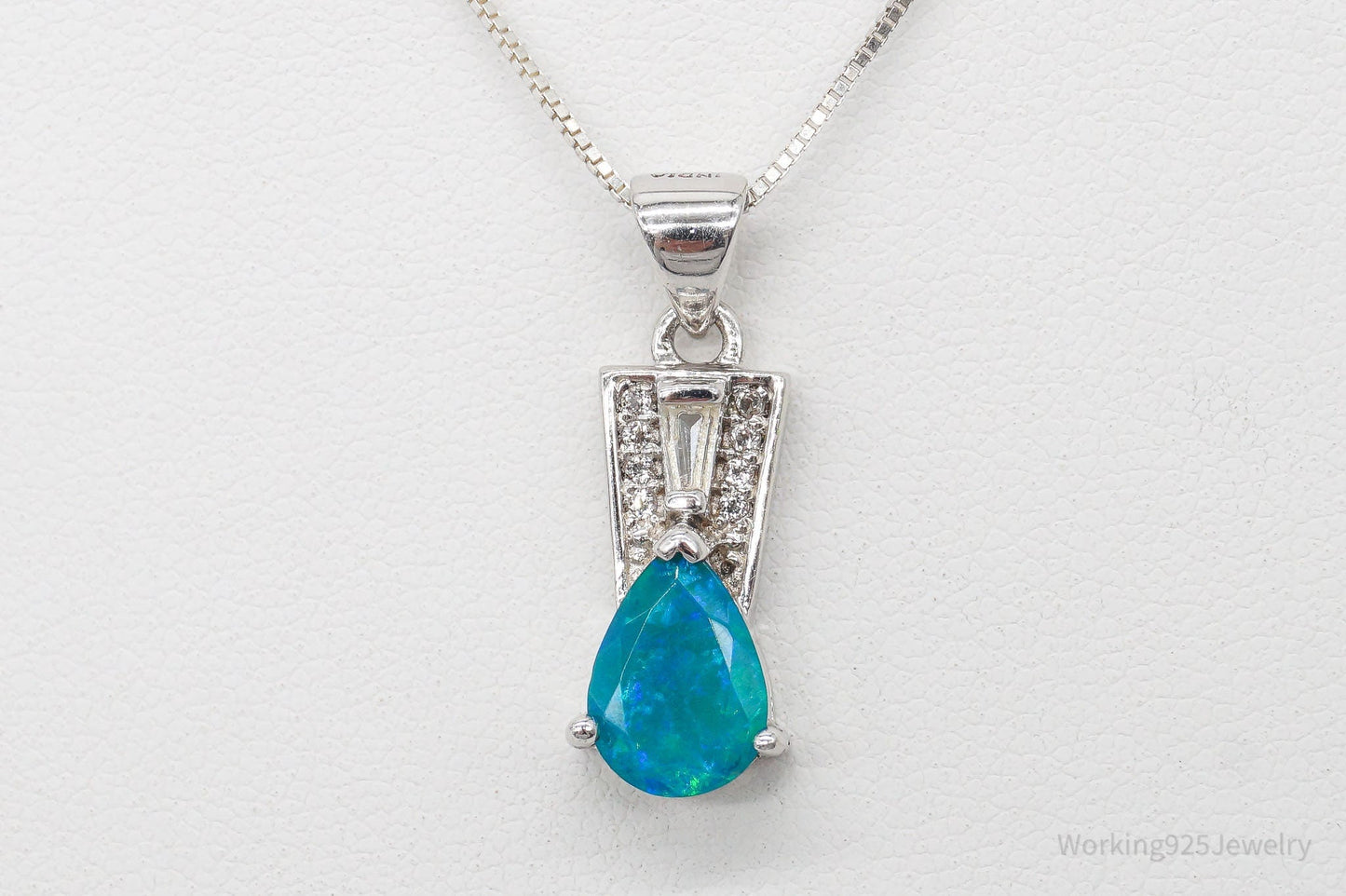 Vintage Designer Blue Opal Cubic Zirconia Sterling Silver Necklace