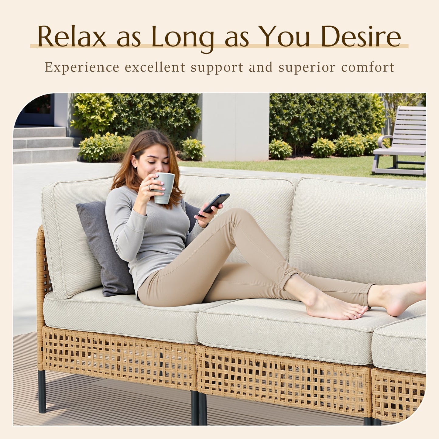 Outdoor Wicker Sectional Sofa Boho Beige Cushions