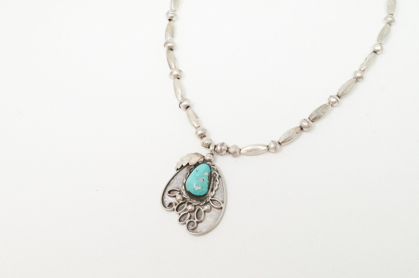 Vintage Native American Signed MV Turquoise Rope Sterling Silver Necklace