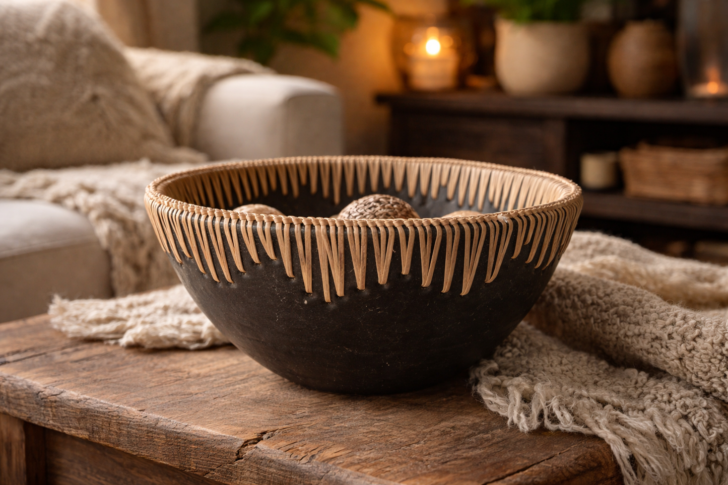Terra-Cotta Bowl w/ Rattan Stitching