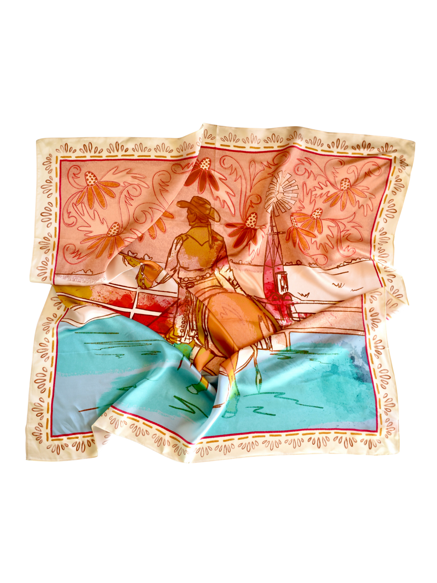 Corral and Floral Horse Western  Rider Cowgirl Scarf: Large 100% Mulberry Silk 35x35 Wild Rag