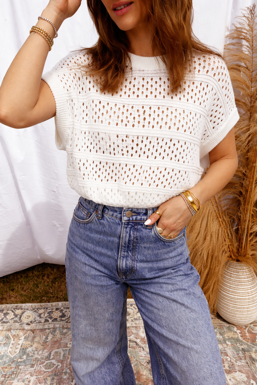 Rayna Out White Open Knit Dolman Sweater