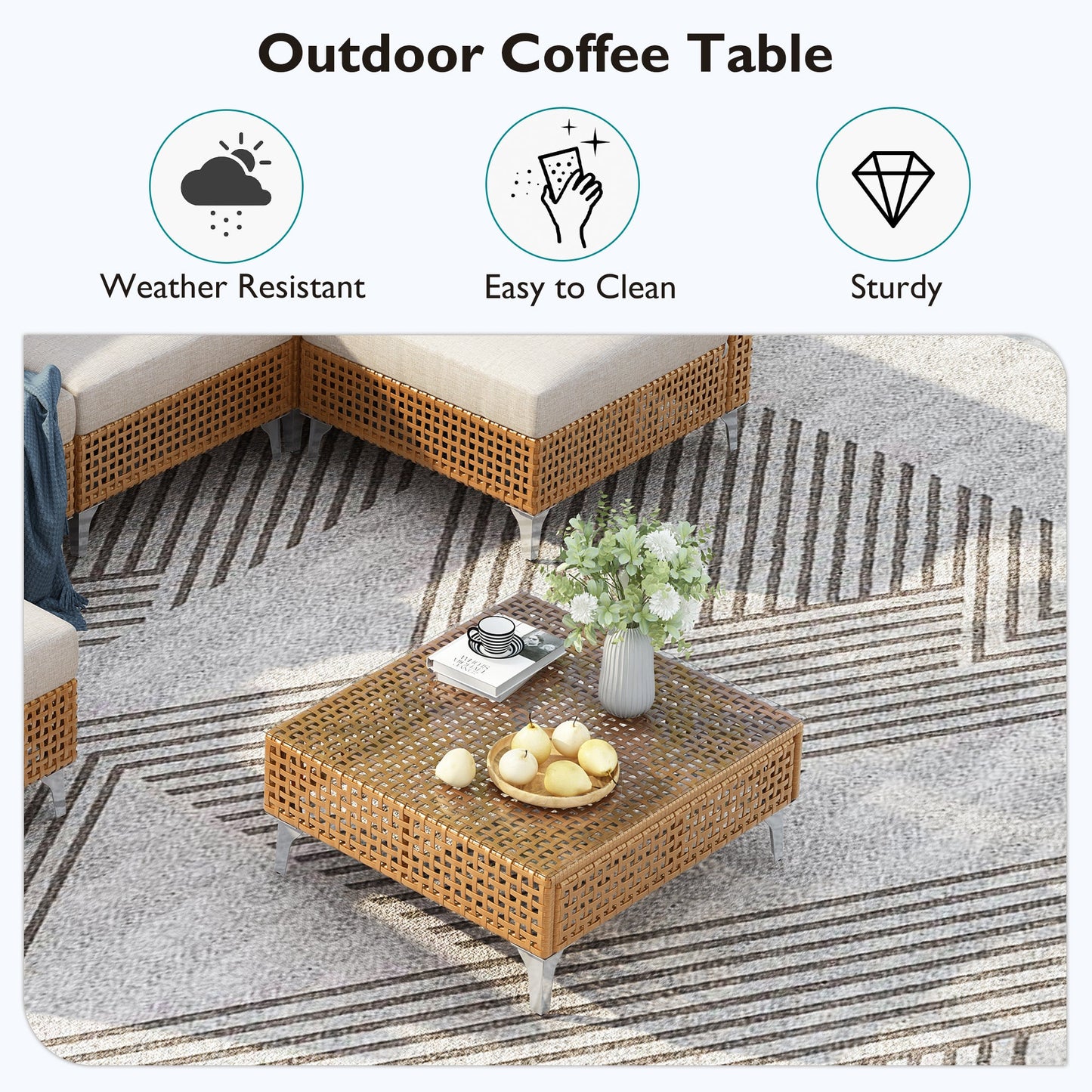 Patio Set Wicker Sectional with Water Resistant Beige Cushions and Coffee Table