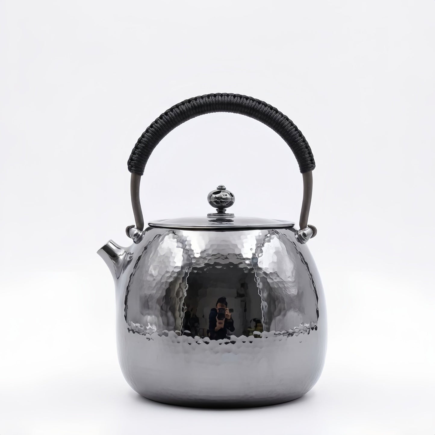 Pure 999 Fine Silver Elegant Hand-Hammered Polished Silver Teapot with Traditional Woven Handle - Handicraft