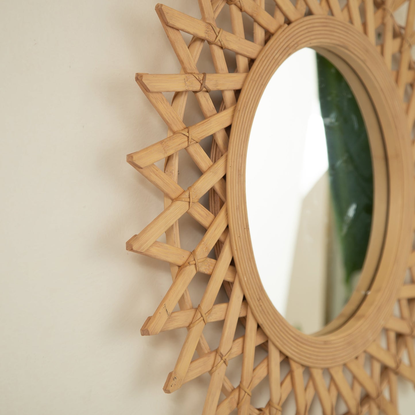 Wall Mirror Round Bamboo Hemp Rope Diamond Pattern Natural Boho 23.6 In