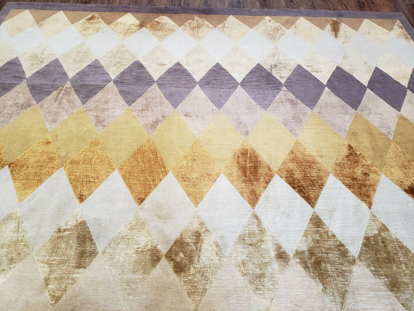 Modern Tibetan Rug 8.6 x 11, Wool and Silk, Multicolor, Diamond Panel Design