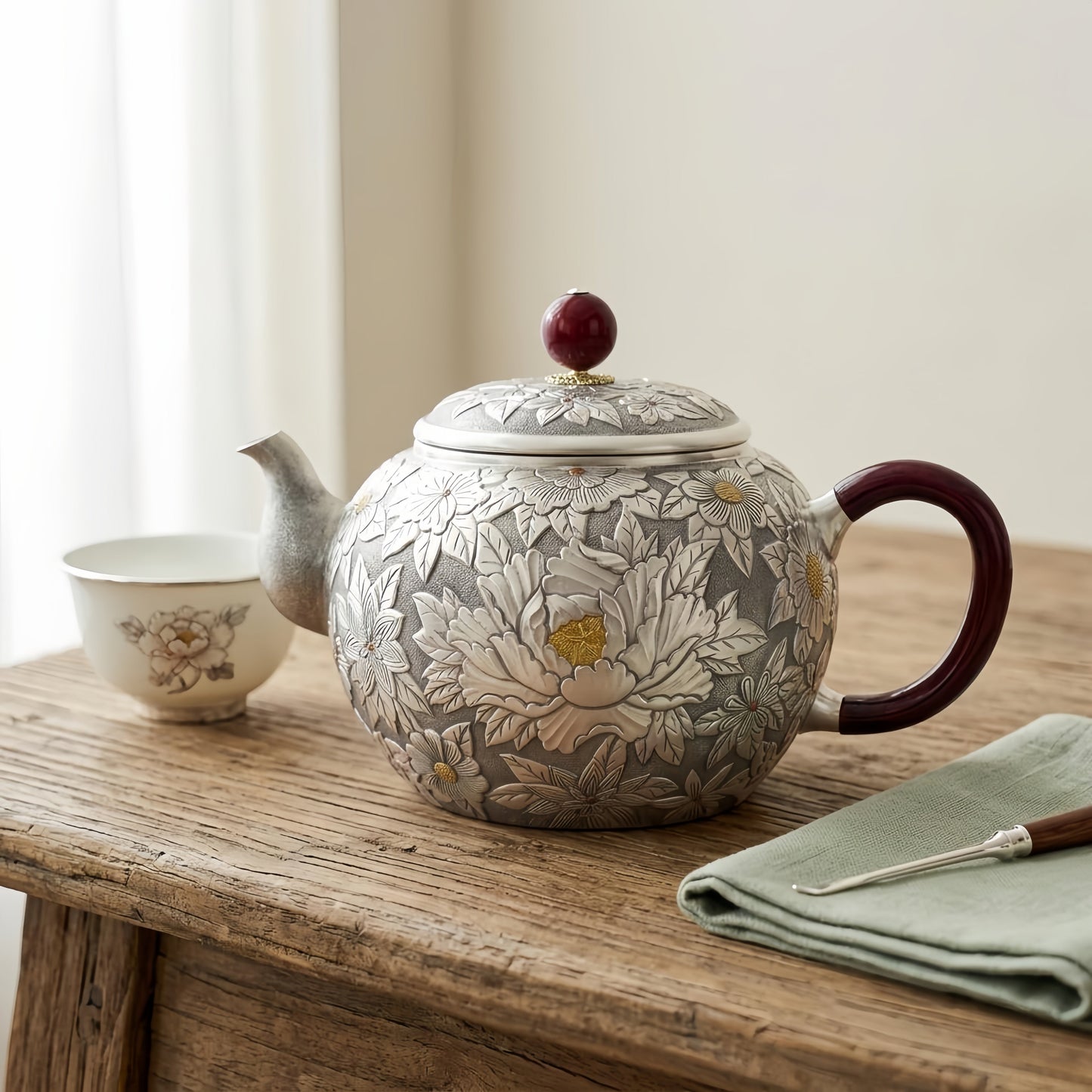 925 Sterling Silver Artisan Handcrafted Silver Teapot with Elegant Peony Engravings and Red Crimson Accents - Handicraft