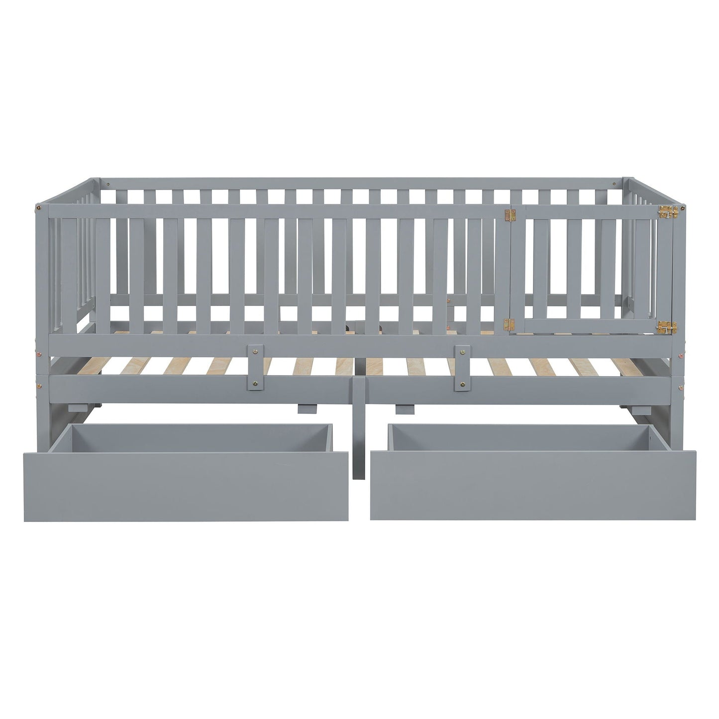 Daybed With Fence Guardrails And 2 Drawers, Split Into Independent Floor Bed & Daybed