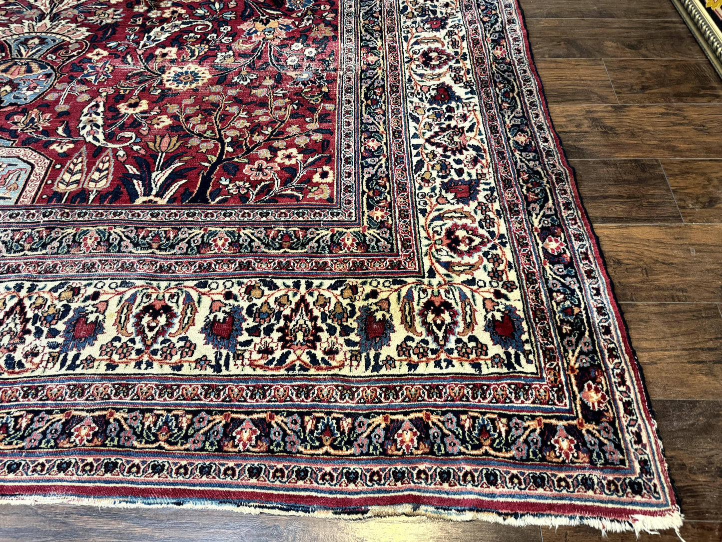 Antique Persian Mashad Rug 10x12, Red and Ivory, Signed by Master Weaver