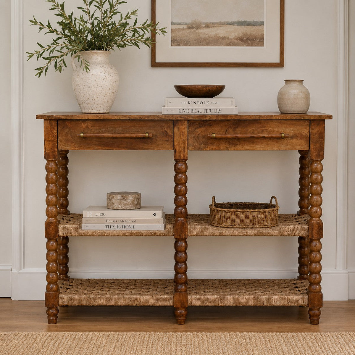 Sporting Estate Spindle & Woven Console Table — Chestnut