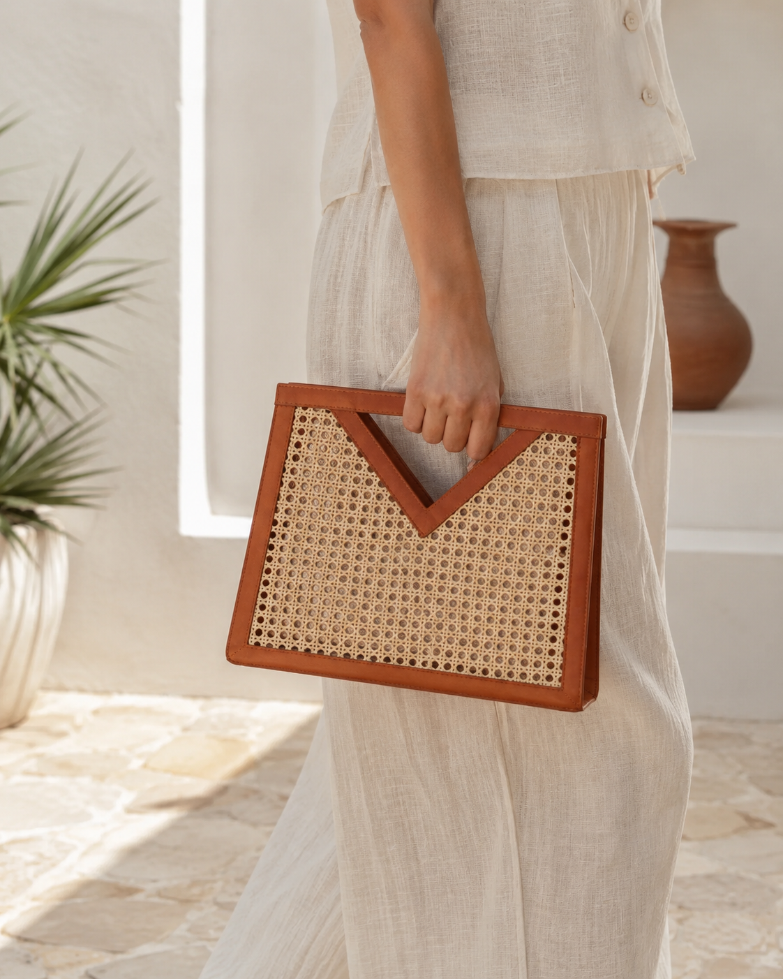 Raja Leather and Cane Handbag