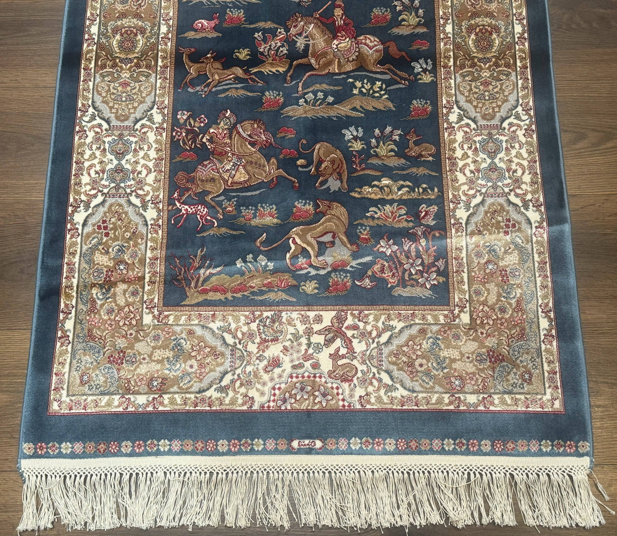 The Sporting Estate Turkish Hunting Scene Rug — Dark Steel Blue &amp; Ivory