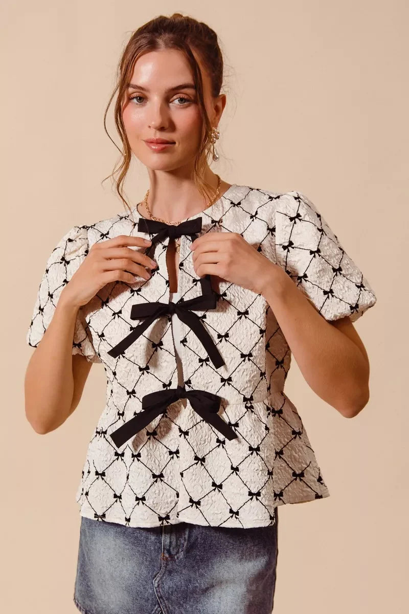SO ME Bow Texture Woven Peplum Top With Contrast Tie