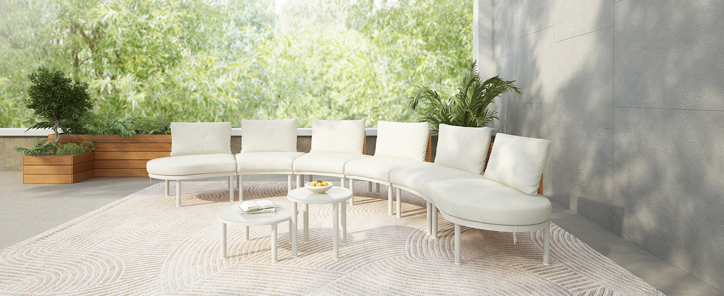 Outdoor Patio Set Half Moon Sectional with Two Coffee Tables Beige Pe Wicker