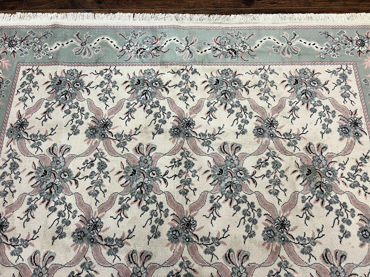 Belgium Power Loomed Rug 8x11, Ivory and Green, Wool Carpet, Floral
