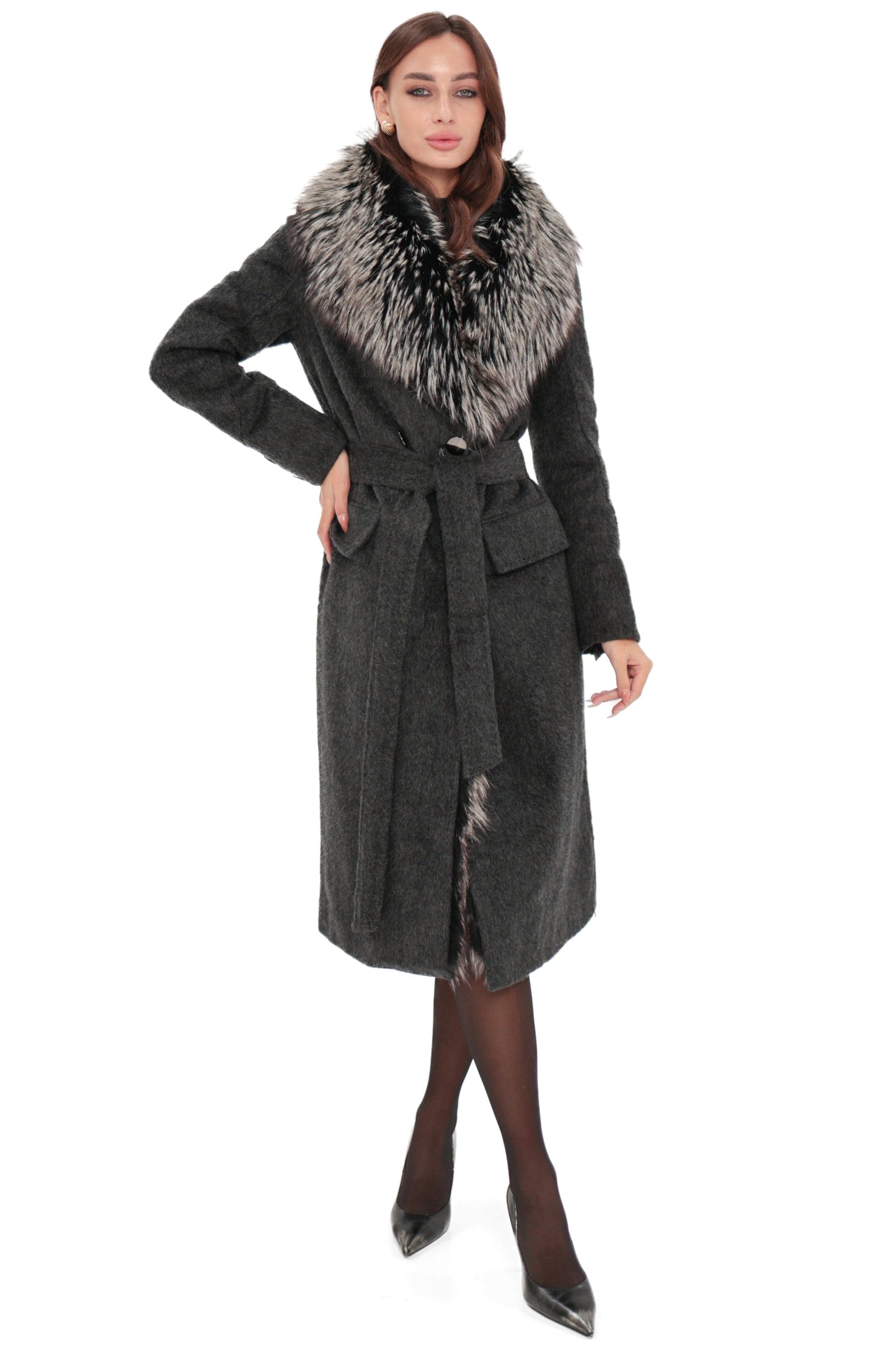 Genuine Silver Fox Cashmere Blend Coat