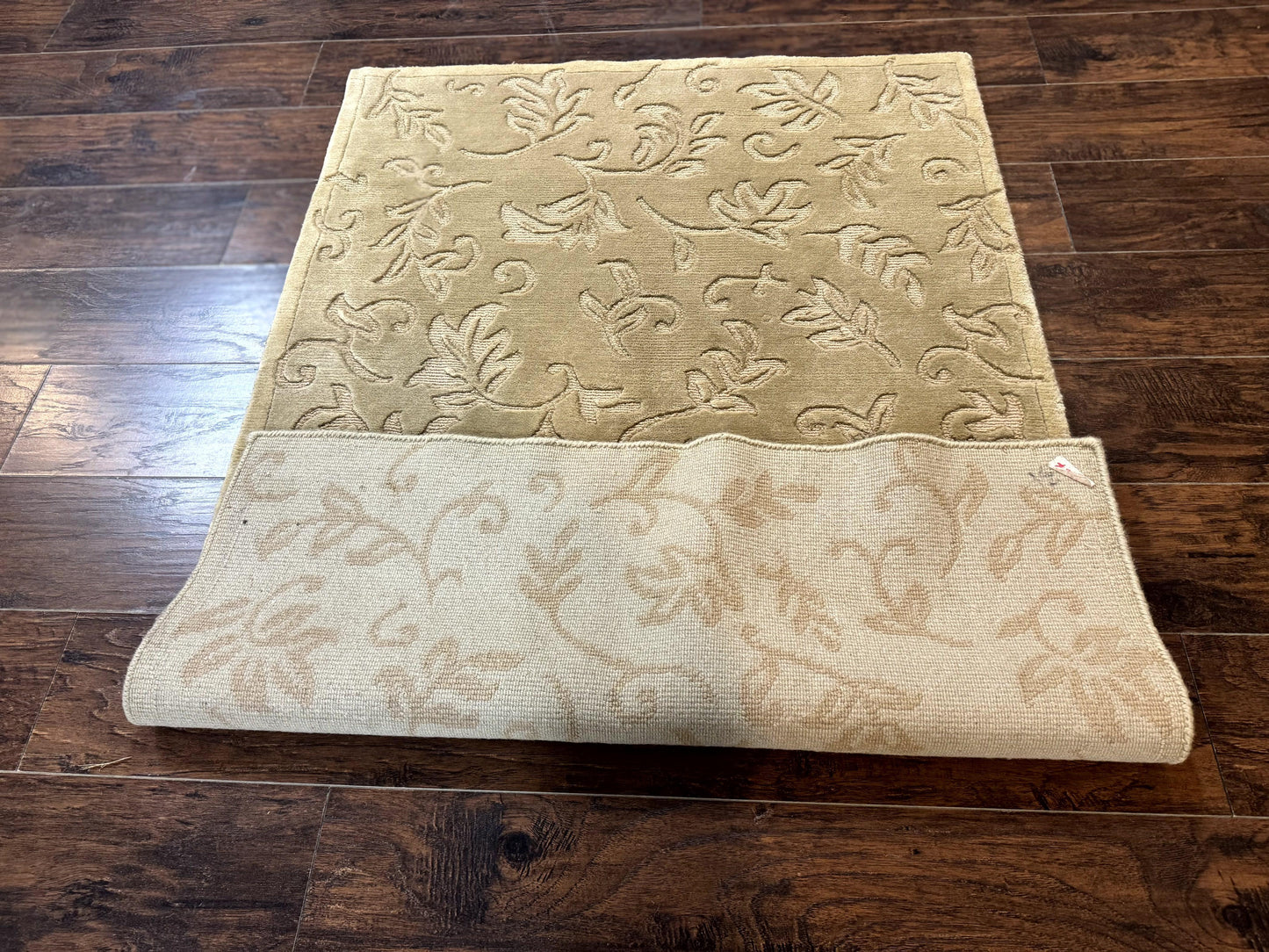 Modern Tibetan Rug 3.7 x 5.5, Carved Floral Design, Wool and Silk Highlights