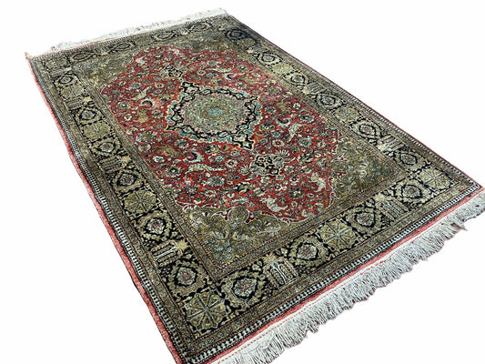 Persian Qum Silk Rug 3.8 x 5.6, Silk on Silk, Animal Pictorials, Fine 330 KPSI