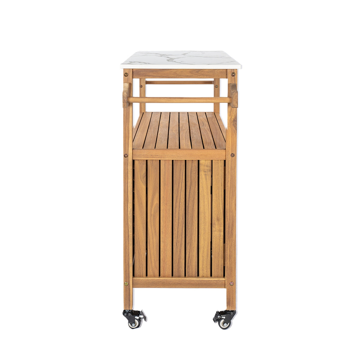 Wooden cart with marble top on a white background