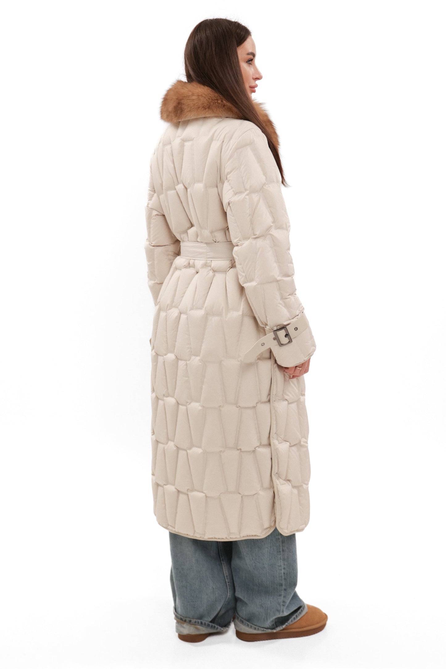 Riley Genuine Fur Trim Down Fill Coat in Ivory